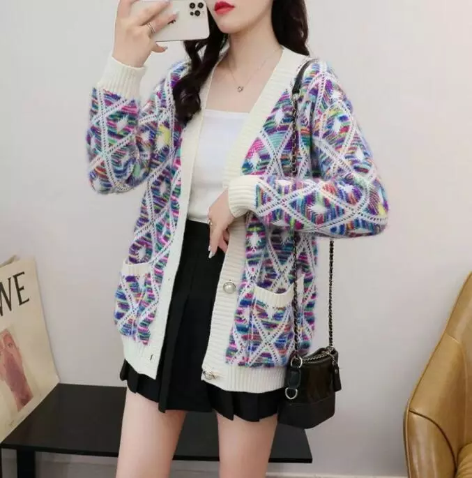 Women's Fashion V Neck Argyle Jacquard Knitted Loose Sweater Cardigan Jacketd