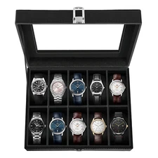 10 Slots Watch Box PU Leather Watch Case Glass Lid Storage Jewelry Display Case