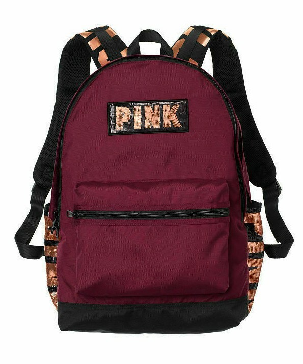 Victoria's Secret Pink Bling Campus Backpack Deep Ruby Rose Gold