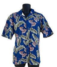VTG Hawaiian Aloha Camp Shirt Blue 100 Cotton Green Ferns Mens Size L Hawaii US