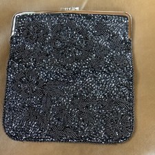 Vintage Beaded Bag Purse Clutch Jet Black Fold-Over Silver Kiss Closure 8  