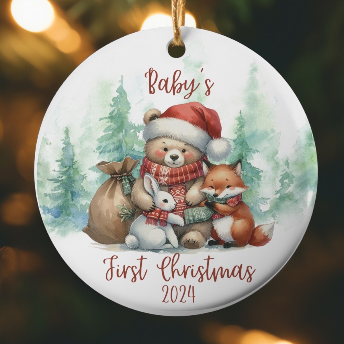 Baby's First Christmas Ornament 2024 Woodland Animal Bear Fox