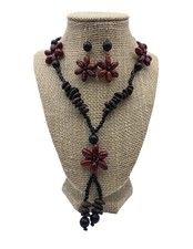 New Artisan Handmade Wooden Seeds Bead Flower Necklace Earrings Set