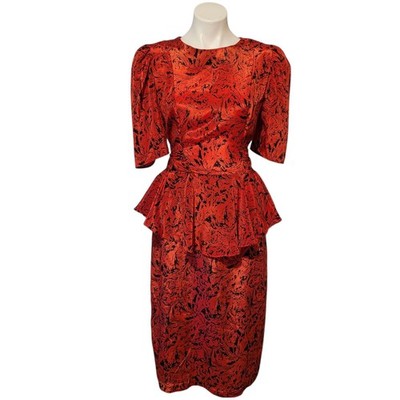 Vintage B.D. Ltd Red Black Peplum Tea Dress Fits Size Medium 80s