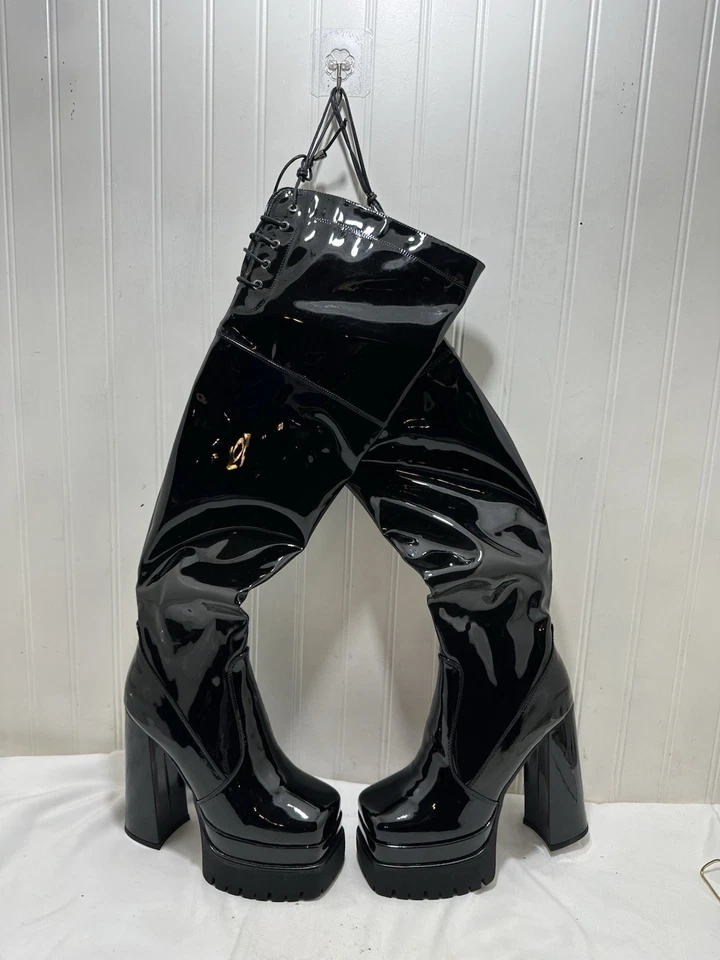 Botas negras Gogo Dancer Hippie años 70 hasta la rodilla para hombre Drag Queen talla 8 EU 38 Foto 3 de 4