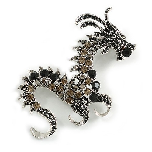 90mm Long/ Grey/ Black Crystal Chinese Dragon Large Brooch in Aged Silver Tone - Picture 2 of 6