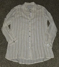 H by Halston 100% Linen Button Down Shirt Size M Striped Beachy Coastal