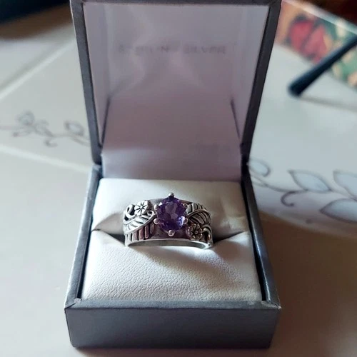 CAROLYN POLLACK .925 Silver Silver Amethyst Floral Band Ring Size 6 + Gift Box