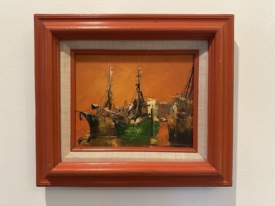 Vintage Mid Century VanGaard Studios Drip Oil Painting Ships Nautical Framed MCM