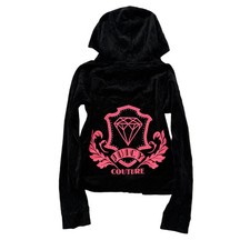Juicy Couture Women's Black Velour Full Zip Hoodie Bedazzled Graphic Logo Size L