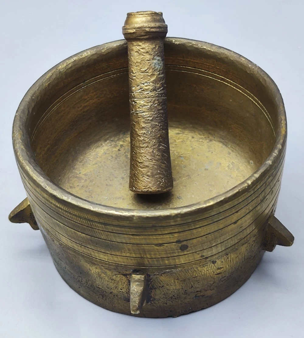LARGE Antique Bronze Mortar with Lug Decoration, Gilded Patina