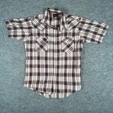 Plains Western Wear Shirt Mens Size M Brown Plaid Pearl Snap Short Sleeve Casual