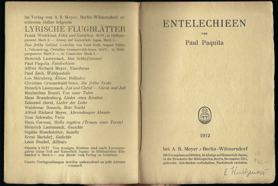 Paquita, Entelechien - Lyrische Flugblätter 17 A. R. Meyer, 1 v. 500 Ex., s. gut - Bild 1 von 1