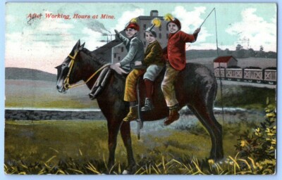 Antique Postcard~ Children On A Donkey~ After Working Hours At Coal Mine