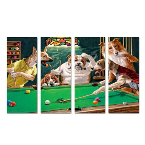 Dogs Playing Pool Billiards Oil Painting 4 Piece Canvas Poster Print Wall Art Ho - Afbeelding 1 van 4