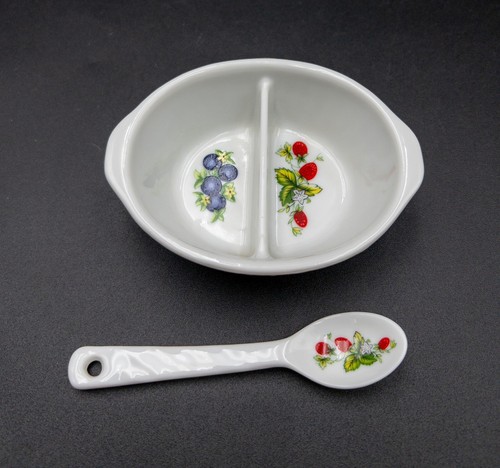Small White Jelly / Jam / Condiments Divided Ceramic Dish w/Spoon - Picture 4 of 8