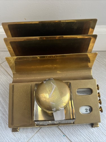 Vintage Antique Brass Inkwell Desk Set Art Nouveau Style Duel Inkwell