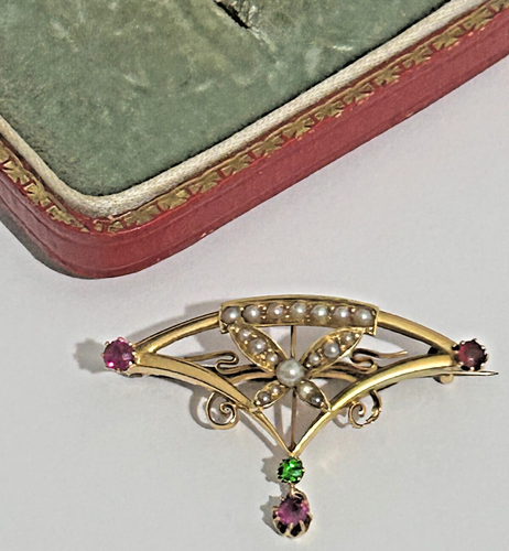 Antique 15ct gold Suffragette Art Nouveau brooch Pearl Peridot Topaz - Picture 3 of 8