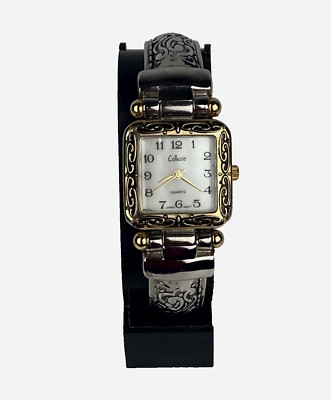 Collezio Ladies Hinged Cuff Quartz Watch 2 Tone Scroll Design Band MOP New Batt