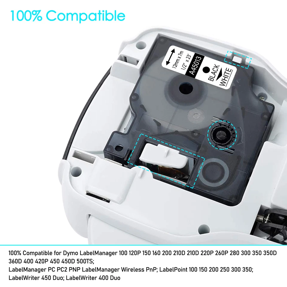 20PK Black on White Label Tape For Dymo D1 45013 Labelmanager 210D 280 360D 12mm - Image 4 of 4