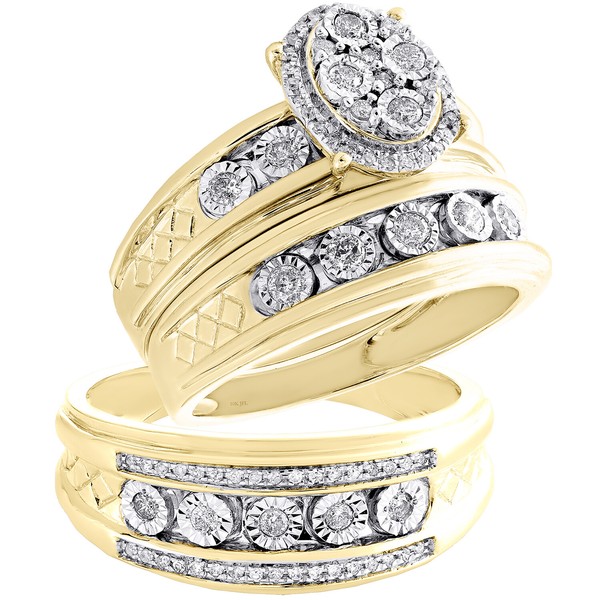 10K Gelbgold Echt Diamant Dreifarbiges Set BüNdel Braut Ring + Ehering 1/2 Karat-image