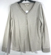 Style & Co Waffle Knit Women's XL Top Beige Stripe Long Sleeve V Neck Henley NEW