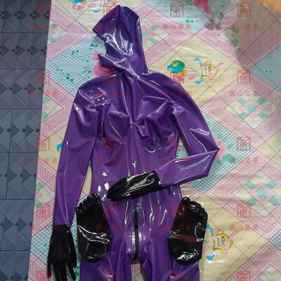 purple full latex catsuit with black gloves black toes open face back zip