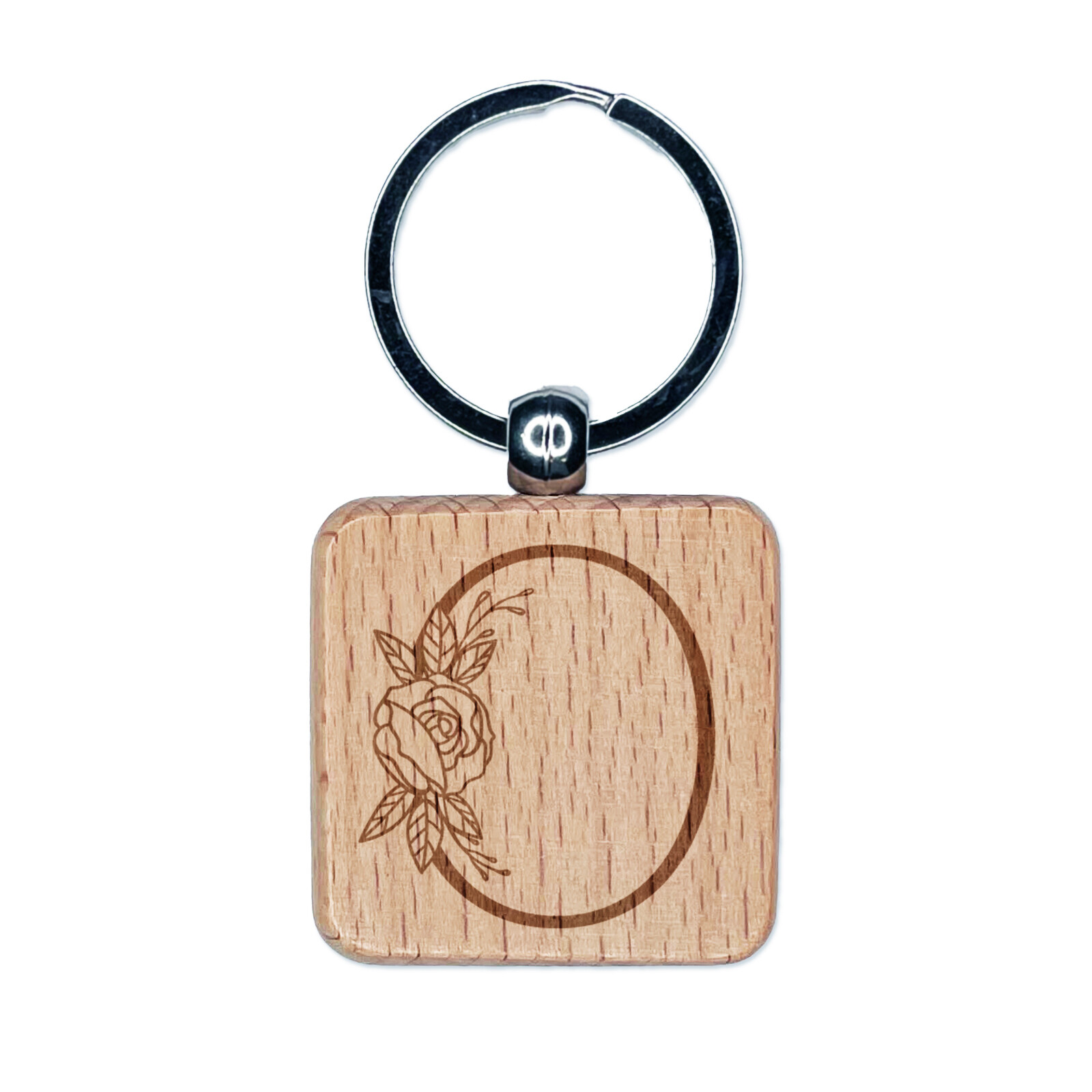 Rose Typewriter Font Capital Letter O Engraved Wood Square Keychain Tag Charm