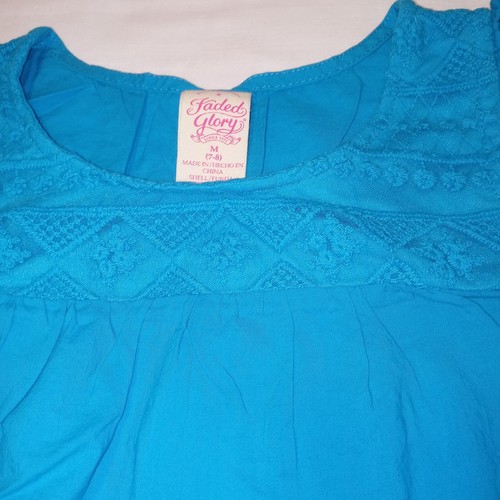 Faded Glory Girls Blouse Sz M 7-8 Turquoise Ruffled Cap Sleeves Lace Accents EUC - Picture 3 of 13