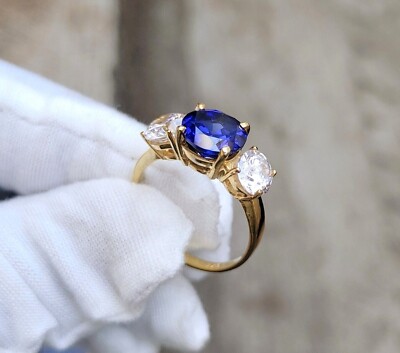 Three-Stone 3Ct Simulated Blue Sapphire 14K Yellow Gold Plated