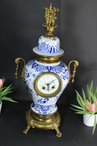 Antique Belgian boch Delft blue white faience lion heads clock - Picture 2 of 8