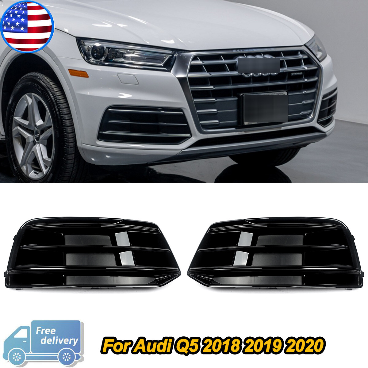 Pair Front Bumper Lower Grill Fog Light Grille Cover Bezel For Audi Q5 2018-2020