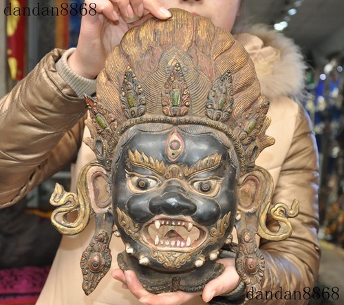 Old Tibet bronze Mahakala Dorje Wrathful Deity Buddha Exorcism Mask Wall hanging