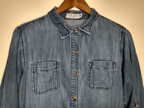 Judy Blue Women's Front Button Denim Chambray Shirt Top Size M Roll Tab Sleeves - Picture 2 of 16