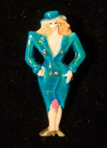 Vintage 50's Business Woman in Blue Dress Brooch Lapel Pin
