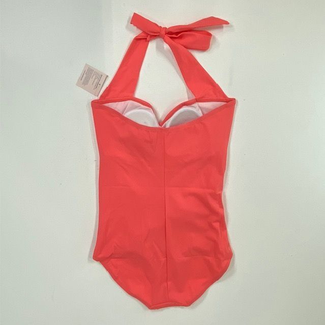 Ruby Ribbon Coral One Piece Swimsuit Ruched Halter Neck Padded Cups Size 10