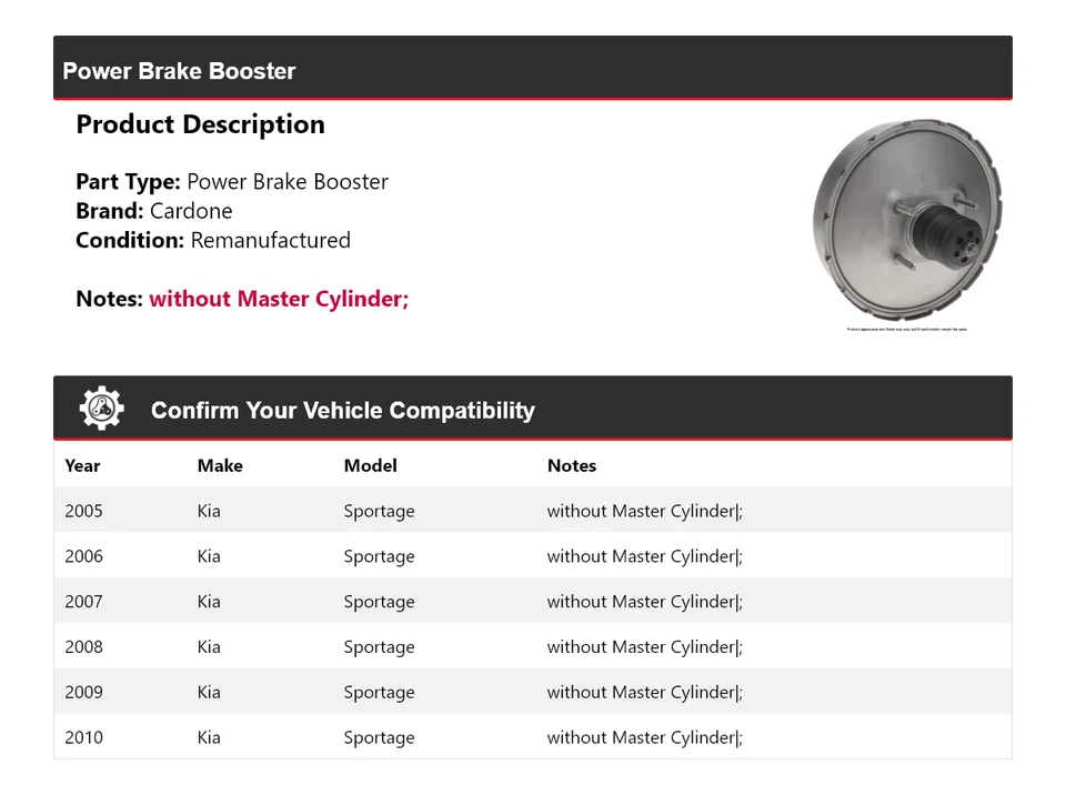Para Kia Sportage 2005-2010 Power Brake Booster Cardone 2006 2007 2008 2009 Foto 2 de 4