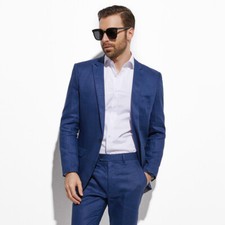 Light Weight Linen Suits Men Custom Made Groom Suits Light Navy Blue Slim Fit