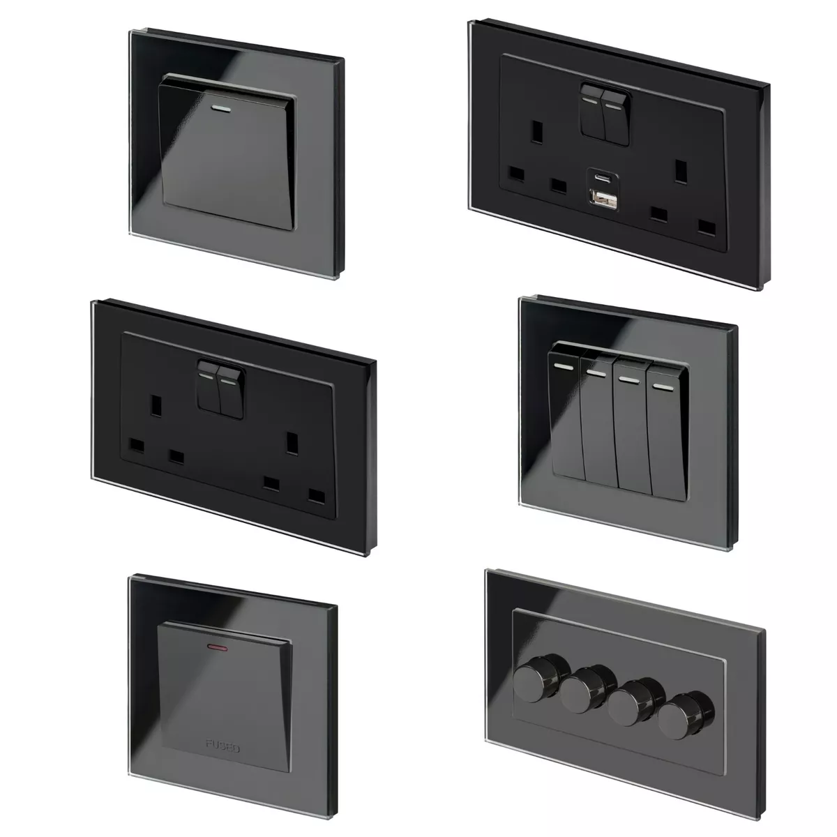 RetroTouch Black Glass PG Light Switches Plug Sockets Dimmers Cooker Fused