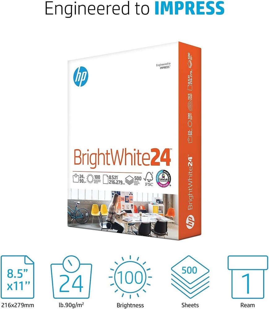 HP BrightWhite 24 lb 8.5x11 Printer Paper 500 Sheets per Ream 100 Brightness  