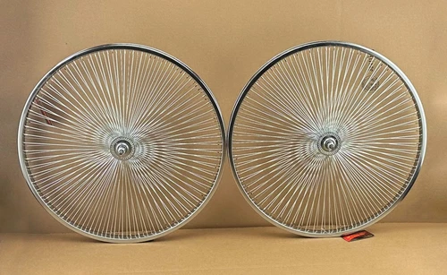 2 VINTAGE LOWRIDER SCHWINN STYLE 26" 144 SPOKE 14G STEEL FRONT TRIKE WHEELS.