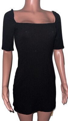 Reformation Black ribbed Sarita Mini dress Square neck S/S A-line Date  Clubbing | eBay