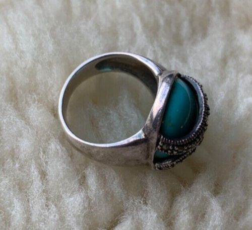 925K Thai Turquoise Ring Band with Studs Rhinestones Size 7 Wide Band - Picture 9 of 9