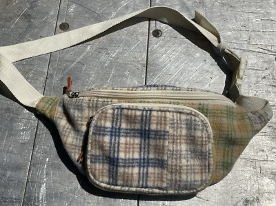 Wild Fable Fanny Pack Belt Zip Pack Waist Bag Wool Cream Yellow Green Blue Plaid