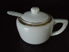 NIPPON SINGLE HANDLE WHITE GOLD TRIM SUGAR CONDIMENT BOWL & COVER & SPOON  LOOK!