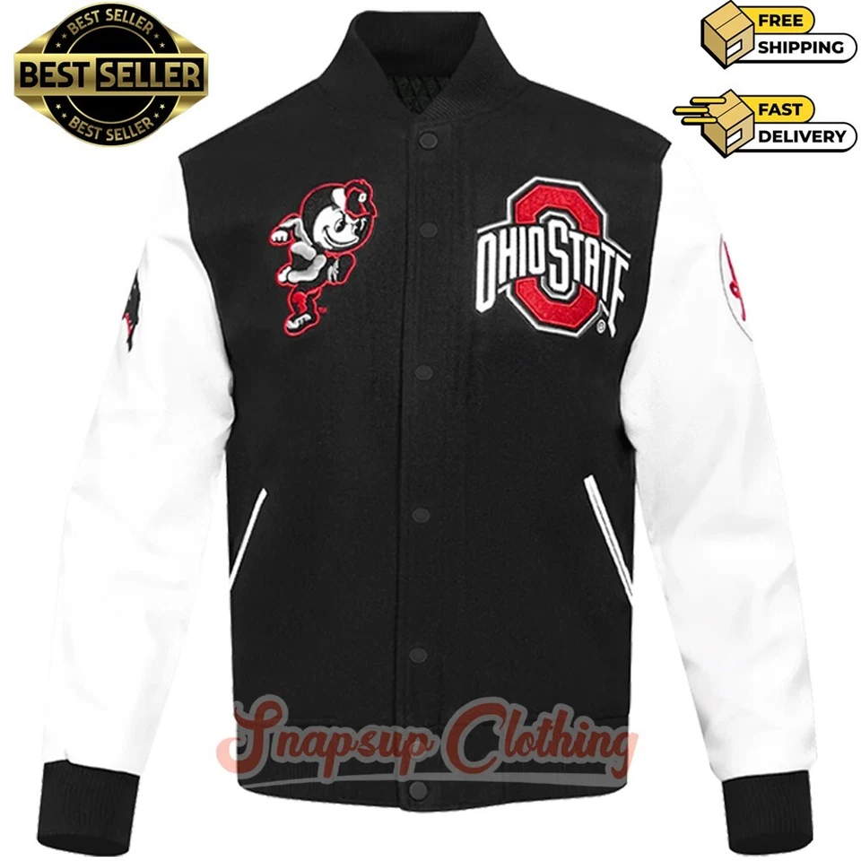 Ohio State Buckeyes Men University Black/White Wool Leather Varsity Jacket 2025 - Image 2 of 4