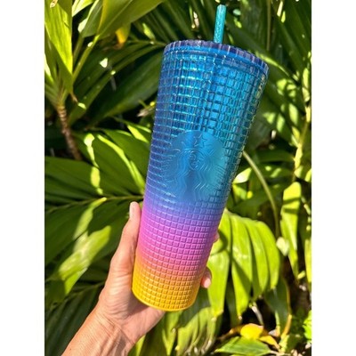 Starbucks Rainbow Ombre Sunset Grid Tumbler 24oz Blue Pink Yellow Cold Cup