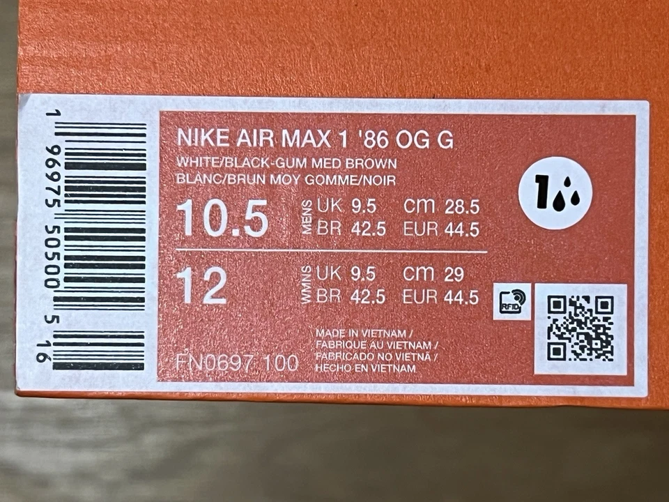 Nike Air Max 1 86 G Zapatos de Golf Sin Tacos M10.5/W12 Blanco/Negro-Goma Med Marrón NUEVO Foto 4 de 4