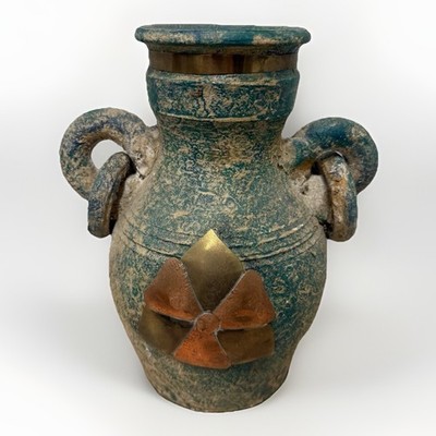 Vintage Amphora Vase Blue Green Textured Ring Handles Copper Accents