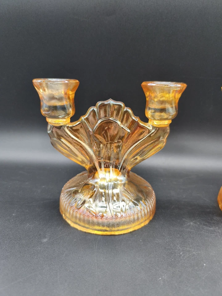 Paire bougeoirs verre ambré irisé Art Déco 14 cm chandelier vintage - Photo 2/4